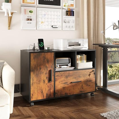 DEVAISE File Cabinet with Charging Station, 1 Drawer Rolling File Cabinet, Locking Filing Cabinet for Home Office, Wood Printer Stand with Storage, Rustic Brown - color: Rustic Brown, style: Eclectic