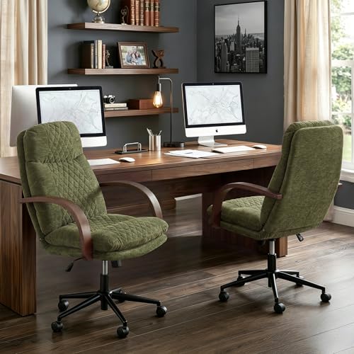 KISLOT Home Office Desk Chair, Ergonomic Office Chair with Lumbar Support, Adjustable Swivel Computer Chair with Wheels, Fabric Executive Task Chair with Wood Arms, Set of 2, Moss Green - color: Moss Green Fabric, size: Set of 2