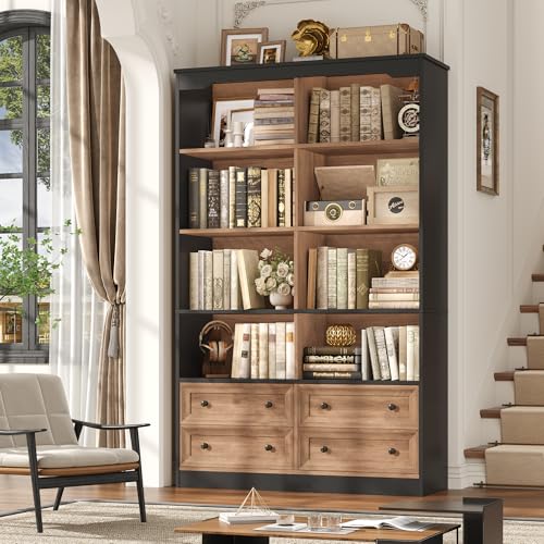 71" Tall Bookshelf with 4 Drawers Large Bookshelf Office Bookcase | 6-Tier Double Wide Bookshelves and Bookcases with Storage, Tall Bookshelf Standing Book Cabinet for Home Office, Brown/Black - color: Brown/Black