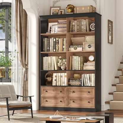 71" Tall Bookshelf with 4 Drawers Large Bookshelf Office Bookcase | 6-Tier Double Wide Bookshelves and Bookcases with Storage, Tall Bookshelf Standing Book Cabinet for Home Office, Brown/Black - color: Brown/Black