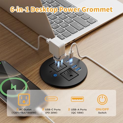 3-1/8" Desktop Power Grommet, Overload Switch, USB C PD 20W, 2 AC Outlets | Recessed Flush Mount Desk Power Grommet for Home Office Furniture, Black - size: 3-1/8" Hole