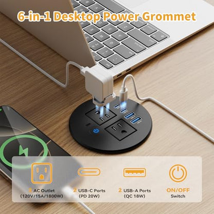 3-1/8" Desktop Power Grommet, Overload Switch, USB C PD 20W, 2 AC Outlets | Recessed Flush Mount Desk Power Grommet for Home Office Furniture, Black - size: 3-1/8" Hole