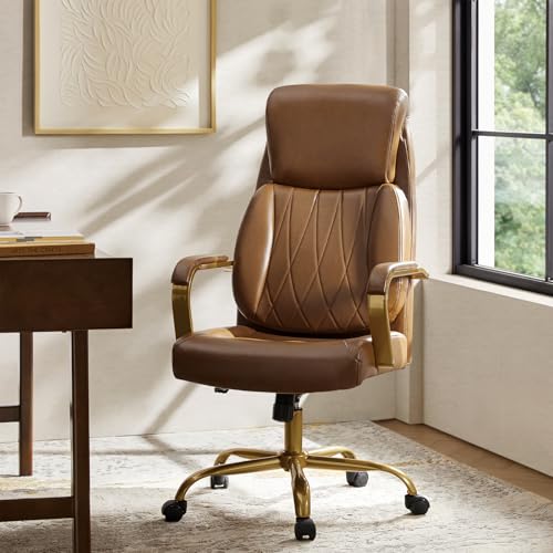 HULALA HOME Executive Office Chair, Adjustable Airbag Lumbar Support, Modern Leather Ergonomic Office Chair with Padded Armrests, Tilting & Swivel, Camel and Gold - color: Camel