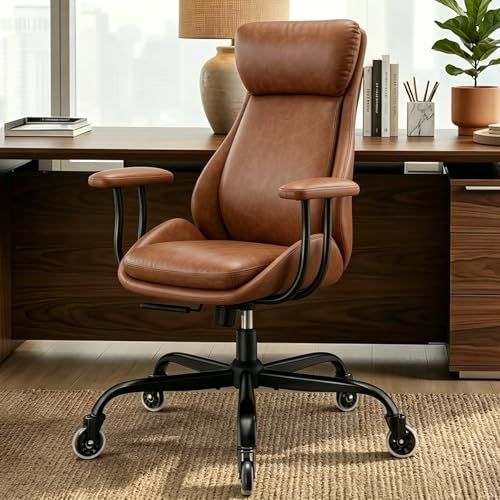 Leather Executive Office Chair, Computer Desk Chair, Brown | Ergonomic, Rubber Wheels, Lumbar Support, 360° Swivel, High Back, Adjustable Height, for Modern Home Office - color: Espresso Brown
