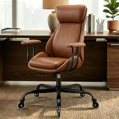 Leather Executive Office Chair, Computer Desk Chair, Brown | Ergonomic, Rubber Wheels, Lumbar Support, 360° Swivel, High Back, Adjustable Height, for Modern Home Office - color: Espresso Brown