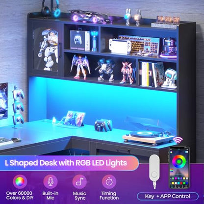 SEDETA 61" Farmhouse L Shaped Gaming Desk with Drawers, Bookshelf Storage - color: Black, size: 61 inches