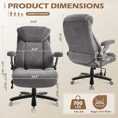 Fabric 700lbs Big and Tall Office Chair, Ergonomic Heavy Duty Executive Cloth Office Chair with 5D Flip Arms & Adjustable Lumbar Support & Dual Rubber Wheel, Large Thick Padded Extra Wide Seat, Grey - color: Grey