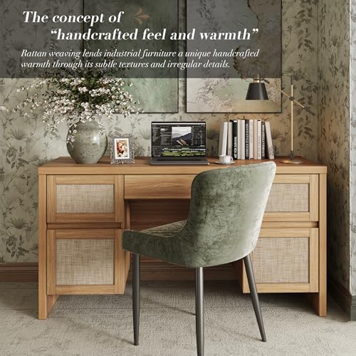 Yechen Executive Desk with 5 Drawers, 57" Modern Rattan Home Office Desk with Charging Station, File Drawer, Farmhouse Boho Computer Writing Desk for Study, Work, Walnut Brown