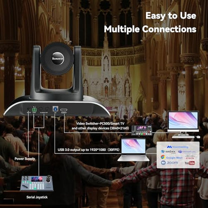 Tenveo 4K AI Auto Tracking PTZ Conference Camera, 3X Optical Zoom, 92° Wide View Angle, USB 3.0 & HDMI Conference Camera for Zoom, Teams, OBS, Live Streaming, Church Worship, Education, Meetings - color: Shadow Black