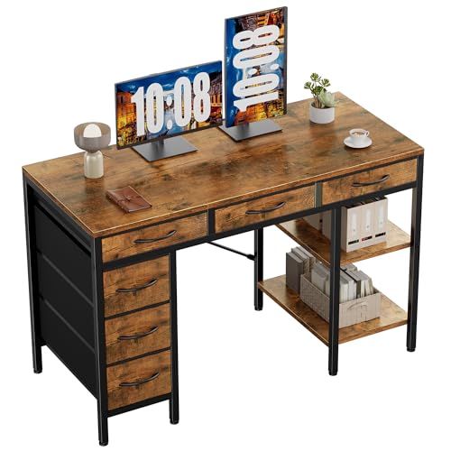 Sweetcrispy 47" Computer Desk with 6 Fabric Drawers & Storage Shelves | Reversible Gaming Desk, Office Desk, Computer Workstation, Corner Desk with Storage, Home Office, Living Room,Rustic Brown - color: Rustic Brown, size: 46.8 Inches