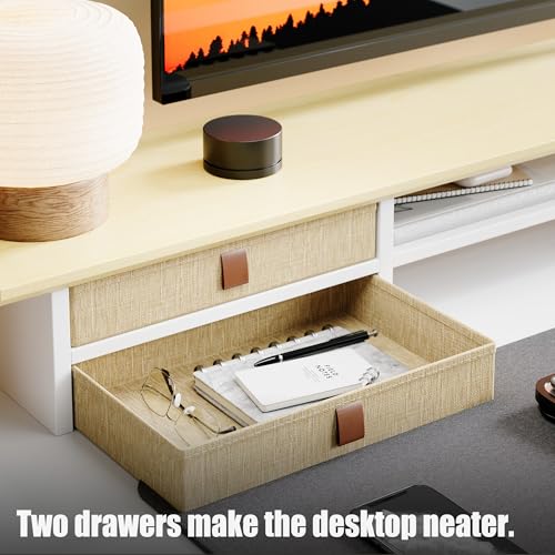 FENSULN Dual‑Tier Monitor Stand Riser with Drawers, Desktop Organizer Shelf Storage for Computer Screen 2 Monitors, Supports for PC Computer Monitor, Printer, Heavy TV Riser Beige and White