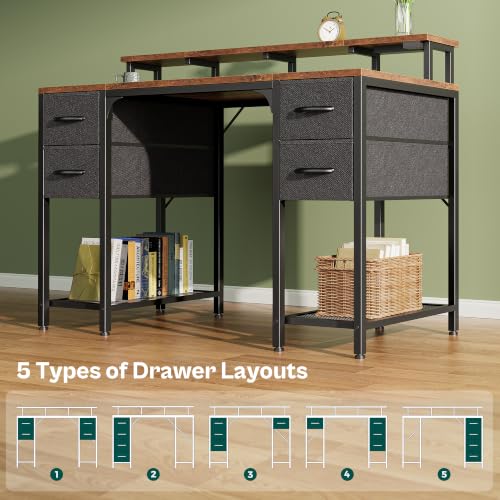 Huuger 47 inch Computer Desk with Power Outlets & 4 Drawers - color: Rustic Brown With Black Drawers, size: 47 Inch