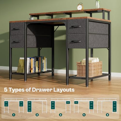 Huuger 47 inch Computer Desk with Power Outlets & 4 Drawers - color: Rustic Brown With Black Drawers, size: 47 Inch
