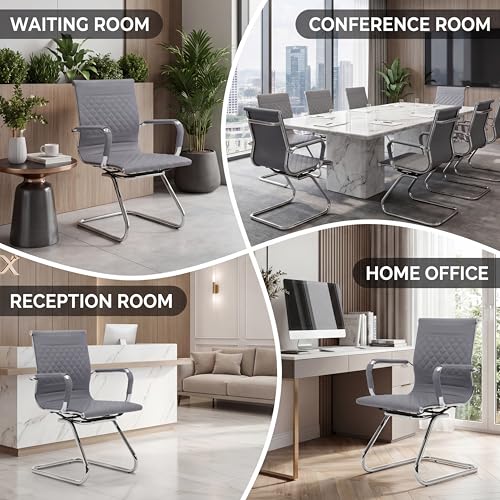 Set of 2 PU Leather Office Guest Chairs, Gray | Padded Arms, Stationary Reception Desk Chair for Conference Room, Meeting Room or Lobby - color: Grey