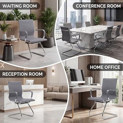 Set of 2 PU Leather Office Guest Chairs, Gray | Padded Arms, Stationary Reception Desk Chair for Conference Room, Meeting Room or Lobby - color: Grey