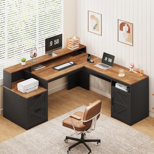 63" Farmhouse L Shaped Desk with Drawers & Printer Shelf for Home Office | Corner Computer Desk with Storage, Power Outlets, L Shaped Office Desk with Monitor Stand, Printer Shelf, Brown & Black - color: Brown and Black