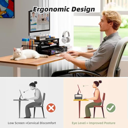 Simple Trending 2-Tier Monitor Stand Riser, Laptop & Printer Stand, Black | Metal Desk Organizer with Drawer, Desktop Organizer, Sturdy Material, for Home Office, 16.34"W x 10.35"D x 3.5"H - size: 16.34"W x 10.35"D x 3.5"H