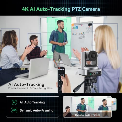 4K Conference Room Camera System, AI Auto-Tracking 4K PTZ Camera 3x Optical Zoom 92° Wide-Angle and Bluetooth Speakerphone 16.4FT Voice Pickup for Conferencing Worship Church Education Medical - color: Grey