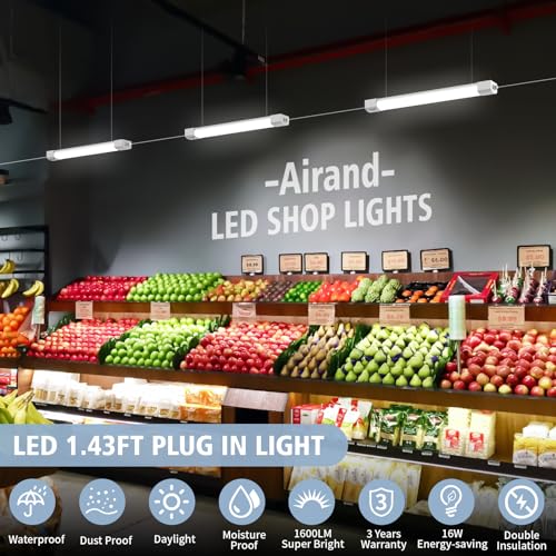 Airand LED Ceiling Light Fixture, 1.43FT Plug in Lights 2PCS, IP66 Water-Proof Linkable Tube Lights 5000k 16W Light Bar Under Cabinet Lighting Shop Kitchen Workbench Closet Corded with ON/Off Switch - size: 1.43FT-2PCS