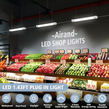Airand LED Ceiling Light Fixture, 1.43FT Plug in Lights 2PCS, IP66 Water-Proof Linkable Tube Lights 5000k 16W Light Bar Under Cabinet Lighting Shop Kitchen Workbench Closet Corded with ON/Off Switch - size: 1.43FT-2PCS