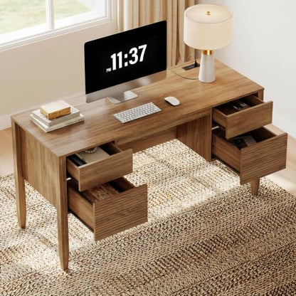 WAMPAT Fluted Executive Desk with Drawers, 58" Modern Home Office Computer Desk with Charging Station, Storage Shelves, Wooden Writing Desk for Home Office, Work Study Writing, Walnut - color: Walnut