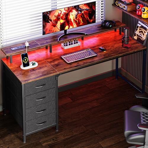 Huuger 55 Inch Computer Desk with Power Outlets and LED Lights, Gaming Desk with 4 Drawers, Office Desk with Monitor Stand, Study Work Home Office, Rustic Brown - color: Rustic Brown, size: 55 INCH