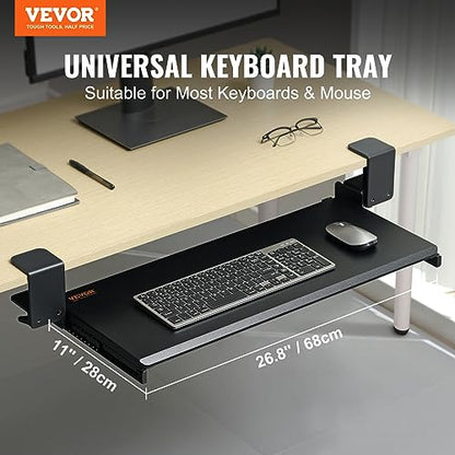 VEVOR Clamp on Keyboard Tray Under Desk, Desk Keyboard Tray Slide Out with Sturdy No-Drill C Clamp Mount, Large 26.8 x 11 inch Slide-Out Computer Drawer for Typing in Home, Office Work - style: C-CLAMP