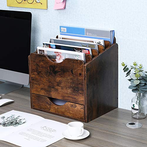 PAG-Mass Wood Desktop File Holder Organizer Mail Sorter with Drawer, for File Folders, Mails, Envelopes, Mailing Supplies or Magazines, 6 Compartments, Antique Brown