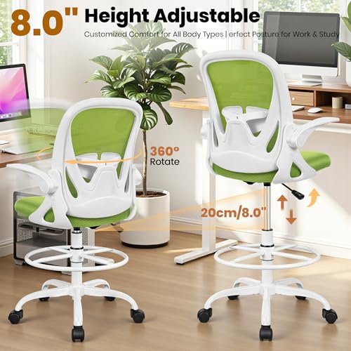 Primy Drafting Chair Tall Office Chair with Flip-up Armrests Executive Ergonomic Computer Standing Desk Chair with Lumbar Support and Adjustable Footrest Ring (Green) - color: Green, size: 934-Z