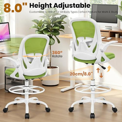 Primy Drafting Chair Tall Office Chair with Flip-up Armrests Executive Ergonomic Computer Standing Desk Chair with Lumbar Support and Adjustable Footrest Ring (Green) - color: Green, size: 934-Z