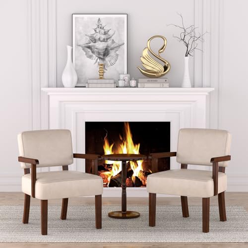 PU Leather Accent Chairs Set of 2, 2 Armchairs with Side Table | Living Room Chairs with Soft Thicken Cushion,Comfy Reading Chair for Bedroom,Waiting Room,Home Office,Easy Assembly,Beige - color: Faux Leather Beige, size: Set of 2 with table