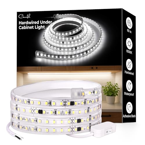 cambk 60inch Hardwired Under Cabinet Lighting for Kitchen, 6000K White Wired Undercounter Waterproof Led Strip Lights, Luces para Cocina Bajo Gabinete Under Shelf Lights - size: 60in