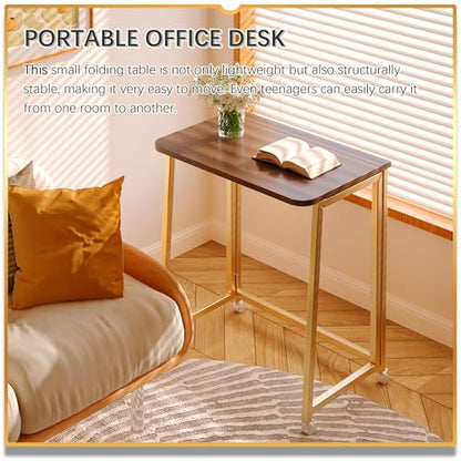 4NM 23.6" Mobile Small Folding Desk, Foldable Rolling Computer Home Office Desk, Study Writing Table for Small Space Saving Bedroom, with Wheels - Brown and Gold - color: Brown and Golden, size: 23.6"W x 15.7"D