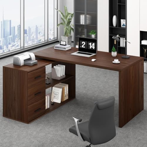 HSH Walnut L Shaped Desk Corner Desk with 3 Storage Drawers 55 inch | Reversible Home Office Corner Desk with 2 Open Side Shelves Modern Wood Executive L Desks for Bedroom,Study Workstation - color: Walnut, size: 55 Inch