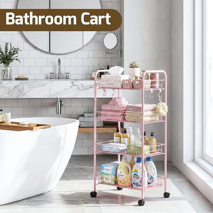 PLKOW 4-Tier Rolling Utility Cart with Detachable Baskets, Pink - color: Pink