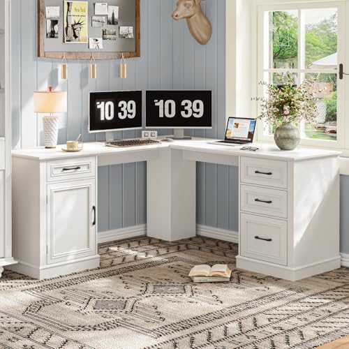 Vabches Farmhouse 59" L-Shaped Executive Desk with Drawers, Cream White - color: Cream White