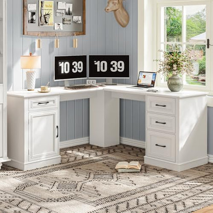 Vabches Farmhouse 59" L-Shaped Executive Desk with Drawers, Cream White - color: Cream White