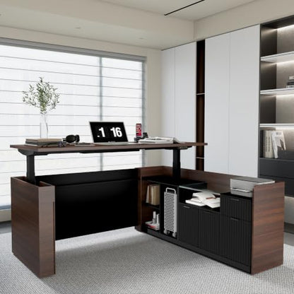 70.9”L-Shape Executive Standing Desk, Snap-Lock &Built-In Power Outlet | Brushless Motor, Smart Controller, Cable Management, Privacy Panel, Movable Cabinet, Home & Corporate Office