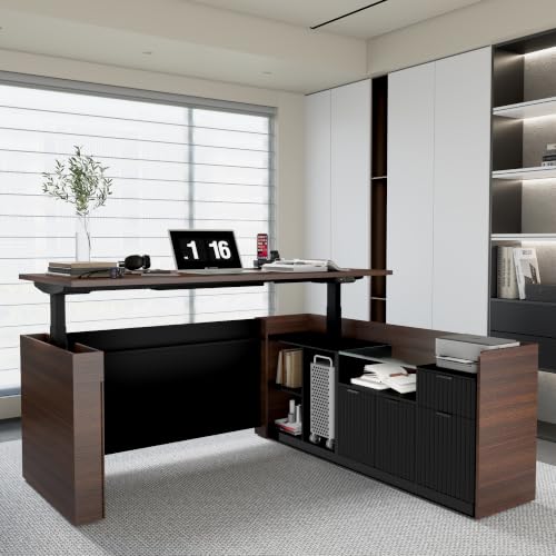 70.9”L-Shape Executive Standing Desk, Snap-Lock &Built-In Power Outlet | Brushless Motor, Smart Controller, Cable Management, Privacy Panel, Movable Cabinet, Home & Corporate Office
