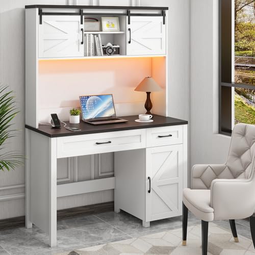 Halitaa Farmhouse 47" Computer Desk with Hutch, Workstation, Black | Home Office Desk, Executive Desk, 2 Drawers, LED Light, Storage Cabinet, Charging Hub, Workstation for Home Office and Study - color: Black, size: Right Cabinet 2-Drawer