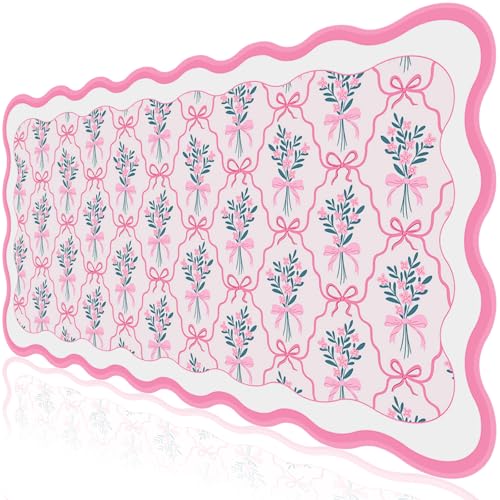 L-SPOUTTO Pink Floral Mouse Pad,Cute Scalloped Desk Mat XXL Gaming Mousepad | Girly Bow Large 35.4x15.7in Non-Slip Rubber Base Keyboard Pad Waterproof Desktop Mat for Laptop Computer Game Home Office - color: Flowers with Bow