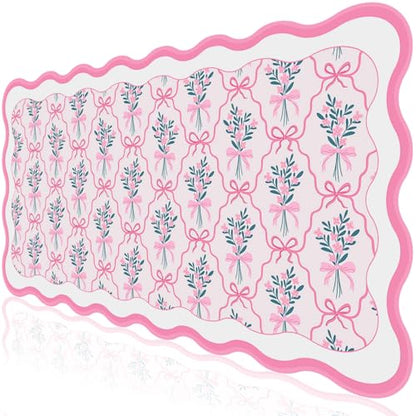 L-SPOUTTO Pink Floral Mouse Pad,Cute Scalloped Desk Mat XXL Gaming Mousepad | Girly Bow Large 35.4x15.7in Non-Slip Rubber Base Keyboard Pad Waterproof Desktop Mat for Laptop Computer Game Home Office - color: Flowers with Bow