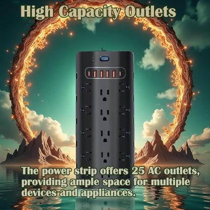 20 Amp Power Strip Surge Protector,Heavy Duty 12 Gauge 6.5 ft Cord/25 AC Outlets/4 USB A/2USB C/4000 Joules Surge protection/2500W/125V,Office Workshop Household Garage Black