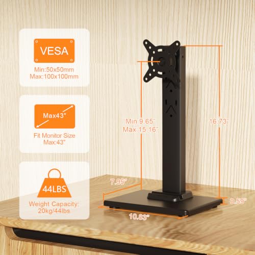 Suptek Single LCD Monitor Stand Mount Riser for 13-43 Inch Screen | Holds up to 44lbs, Free-Standing, Swivel, Height Adjustable, Rotation, 50-100mm VESA Base - size: 13-43in(single)