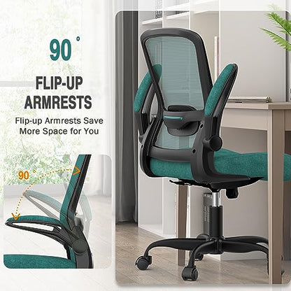 Ergonomic Office Chair w/Adjustable Lumbar, Flip Armrest, 135° Recline - color: Green