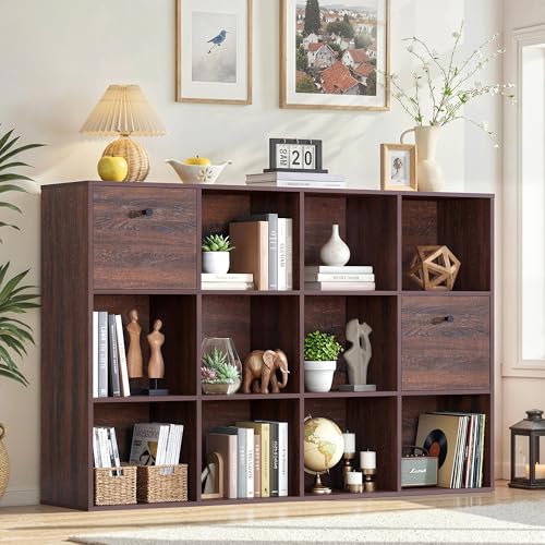 12 Cube Storage Organizer, Walnut Bookcase, Wooden Bookshelf with 2 Fabric Drawers, Freestanding Home Organizer Shelf, 3 Tier Book shelf for Bedroom Living Room Office Library, 47” Wide Book Case - color: Walnut, size: 12 Cube