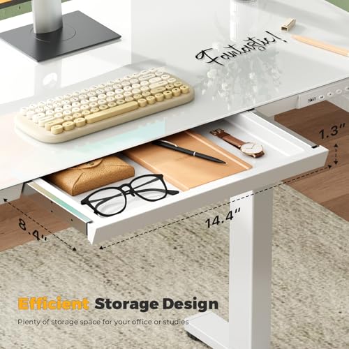 35" Electric Standing Desk with Drawer, One-Piece Glass Top - color: White Glass-top, size: 35"