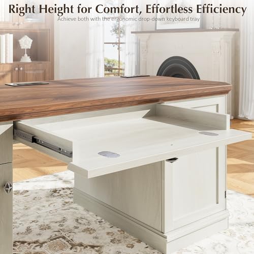 59" Classic Executive Desk with Storage, Victorian Executive Desk with Charging Station, Keyboard Tray, 3 Drawers & Cabinet Storage & Pedestal, Easy Assembly, White - color: White