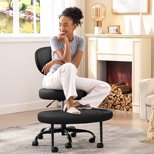 AtHope Ergonomic Cross Legged Office Chair with Wheels - Adjustable Height for Meditation, ADHD Desk & Yoga - Wide Criss Cross Design with Lumbar Support, Kneeling Chair - Black - color: Black
