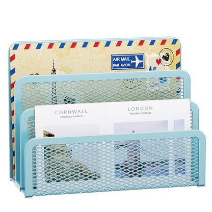 Marbrasse Mail Organizer for Desk, 3-Slot Mesh Metal Mail Holder countertop, Letter Holder, Office Desktop Envelope and Document Storage Rack (Blue) - color: Blue
